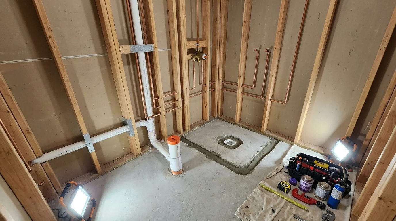 Bathroom rough-in plumbing during remodel by Johns Plumbing LLC in Moravia