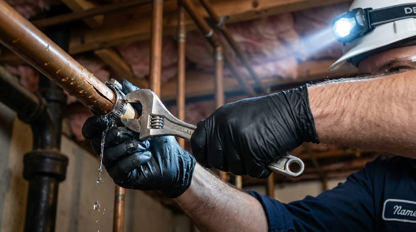 Emergency pipe clamp repair being performed by a Johns Plumbing LLC plumber in Moravia