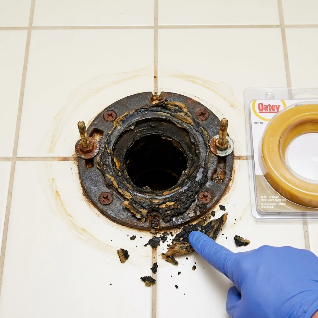 Failed wax ring showing water seepage at the base of a toilet in a Moravia, NY home