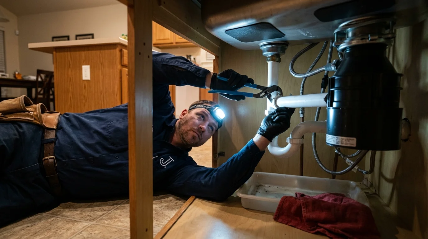 P-trap and supply line connections under a kitchen sink showing a common leak point in Moravia, NY